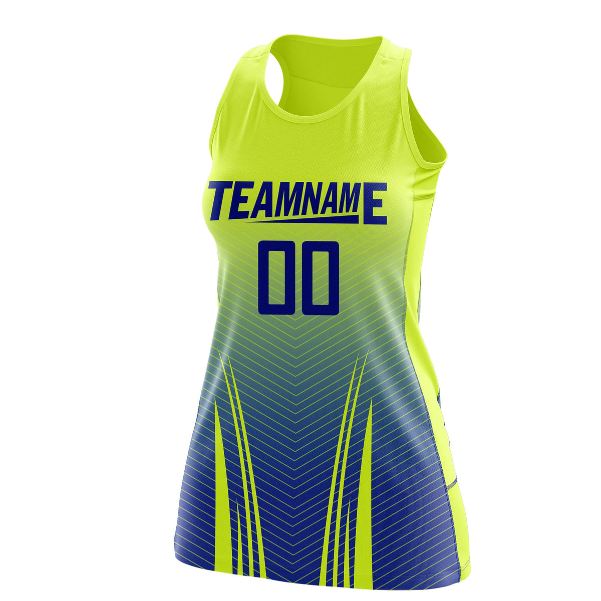 Custom Women Netball Dress | Fluorescent Green Royal Blue V-Shaped Pinstripes Uniform with Name &amp; Number