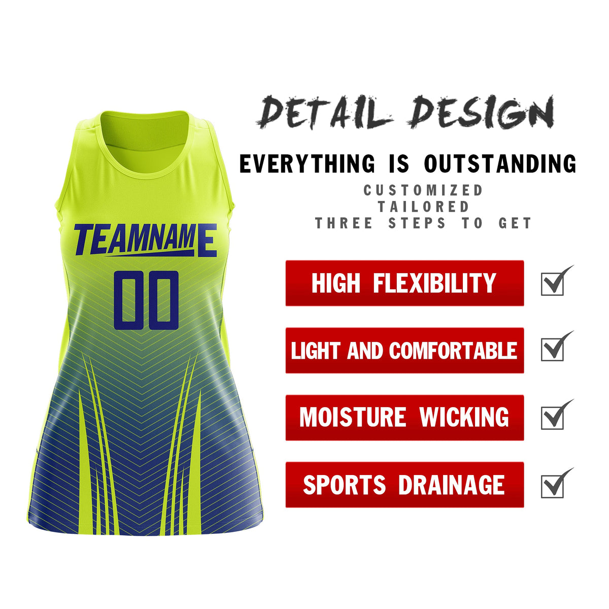 Custom Women Netball Dress | Fluorescent Green Royal Blue V-Shaped Pinstripes Uniform with Name &amp; Number