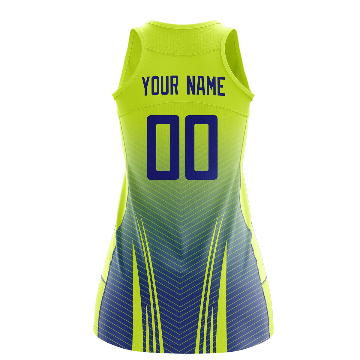 Custom Women Netball Dress | Fluorescent Green Royal Blue V-Shaped Pinstripes Uniform with Name &amp; Number