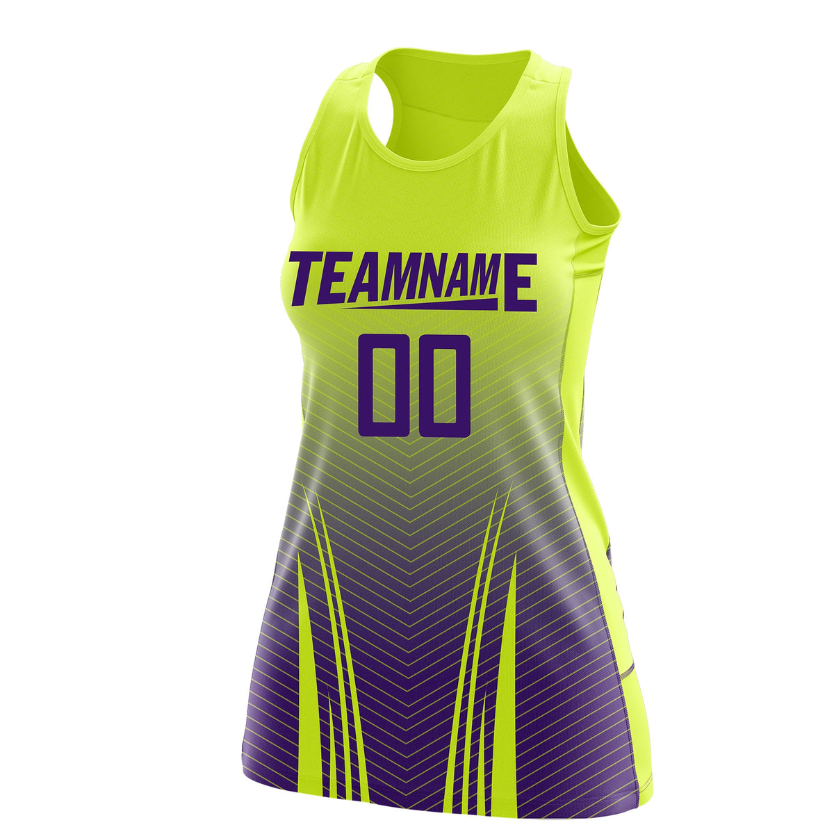 Custom Netball Dress | Fluorescent Green Purple V-Shaped Pinstripes Gradient Team Uniform