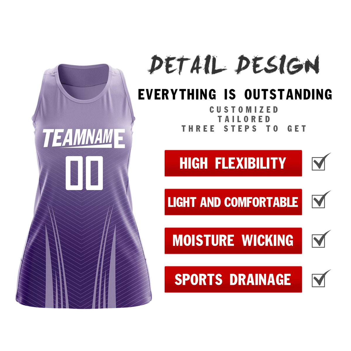 Custom Netball Dress Light Purple Purple for Women with V-Shaped Pinstripes Personalized Team Uniform