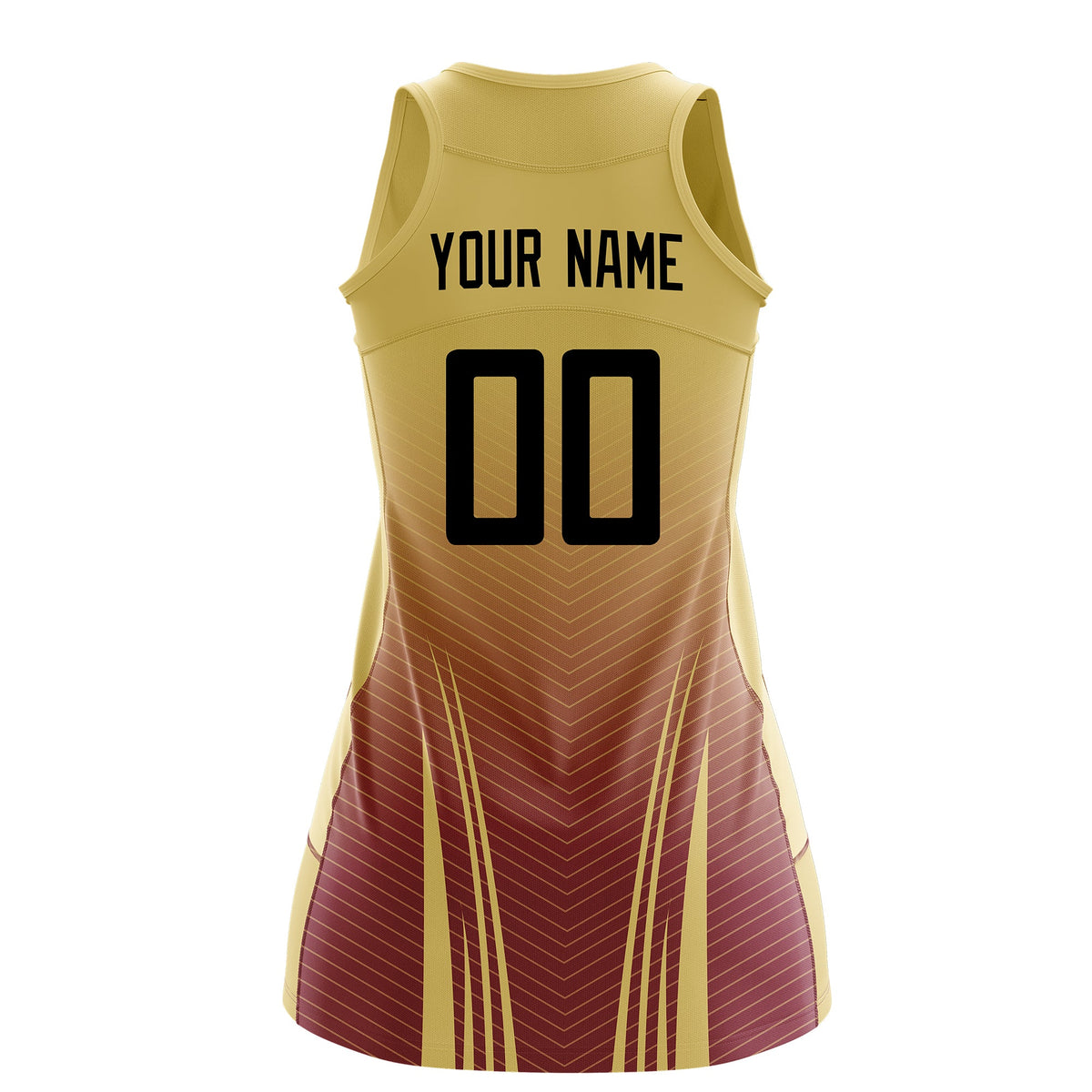 Custom Women Netball Dress | Khaki Crimson V-Shaped Pinstripes Uniform with Name &amp; Number