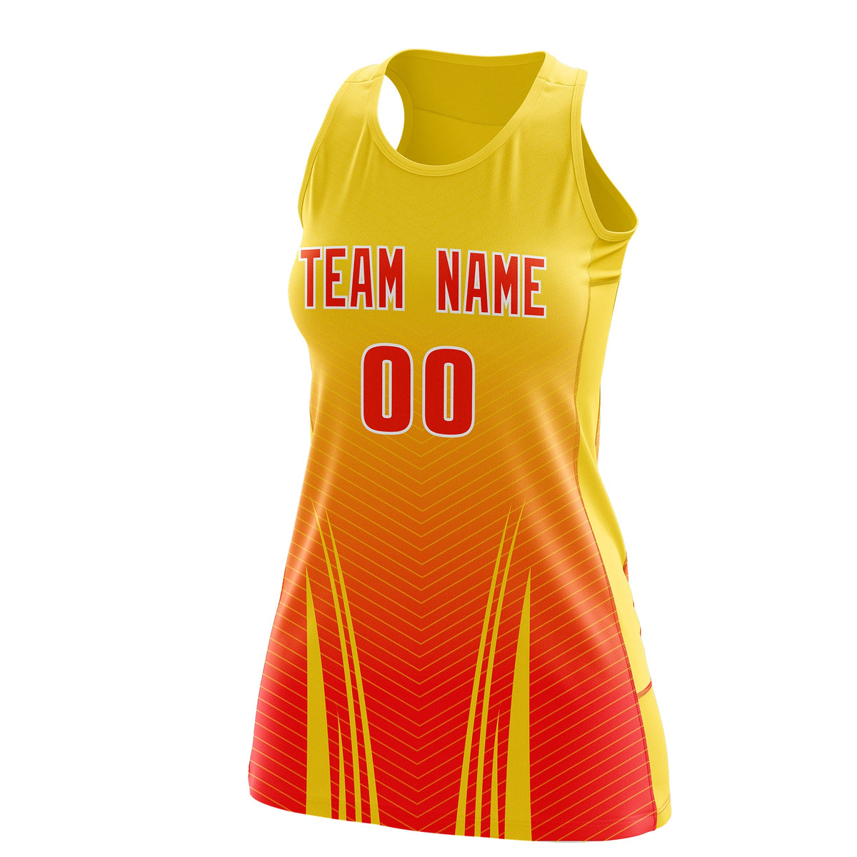 Custom Women Netball Dress | Gold Orange V-Shaped Pinstripes Uniform with Name &amp; Number