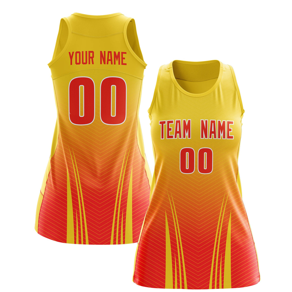 Custom Women Netball Dress | Gold Orange V-Shaped Pinstripes Uniform with Name &amp; Number
