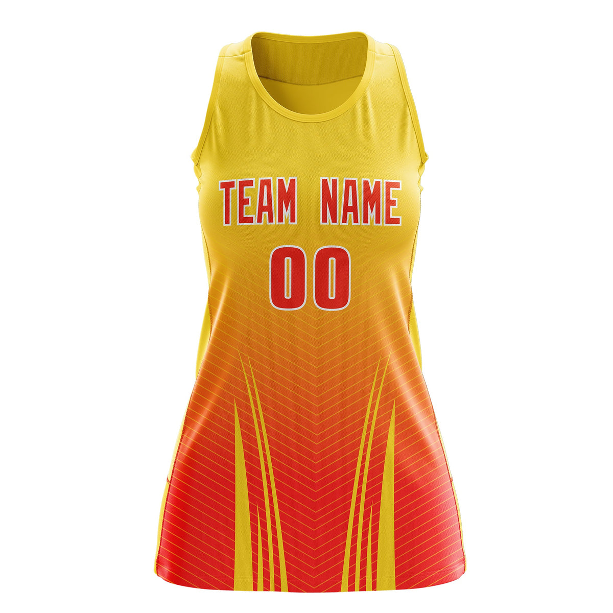 Custom Women Netball Dress | Gold Orange V-Shaped Pinstripes Uniform with Name &amp; Number