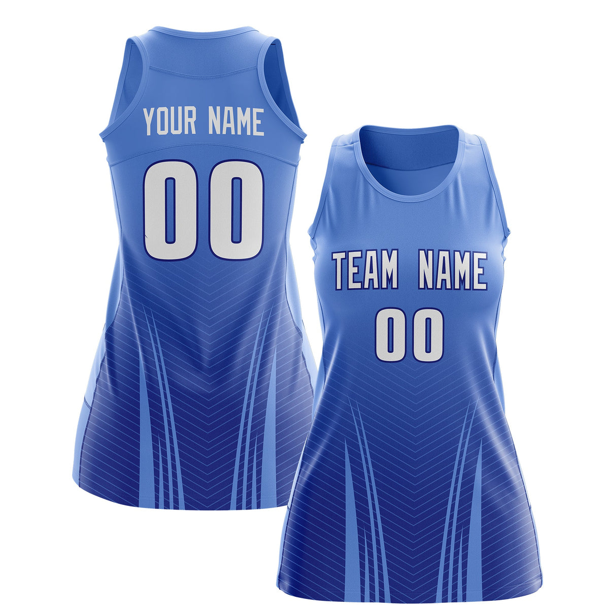 Custom Netball Dress | Light Blue Royal Blue V-Shaped Pinstripes Gradient Team Uniform