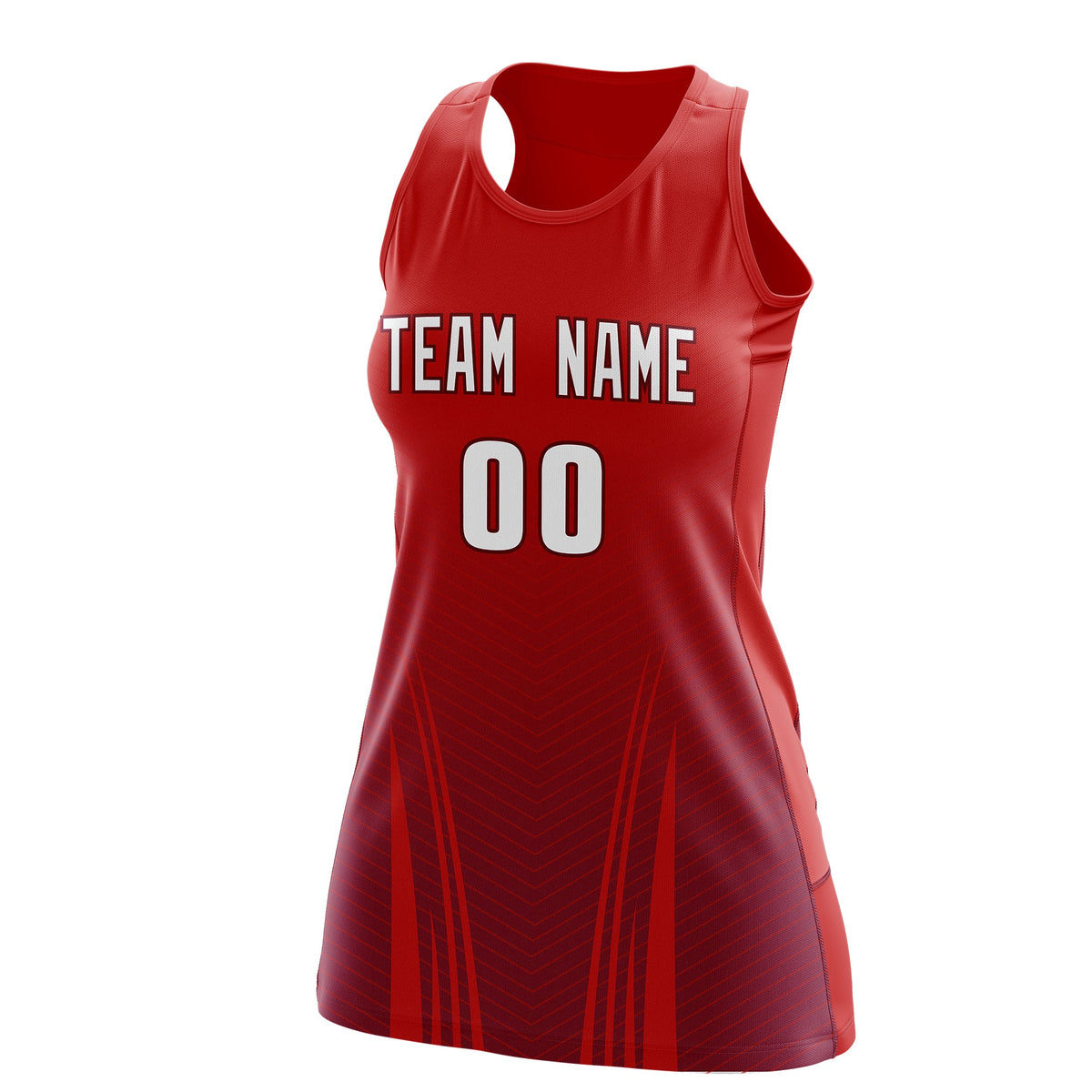 Custom Women Netball Dress | Red Crimson V-Shaped Pinstripes Uniform with Name &amp; Number