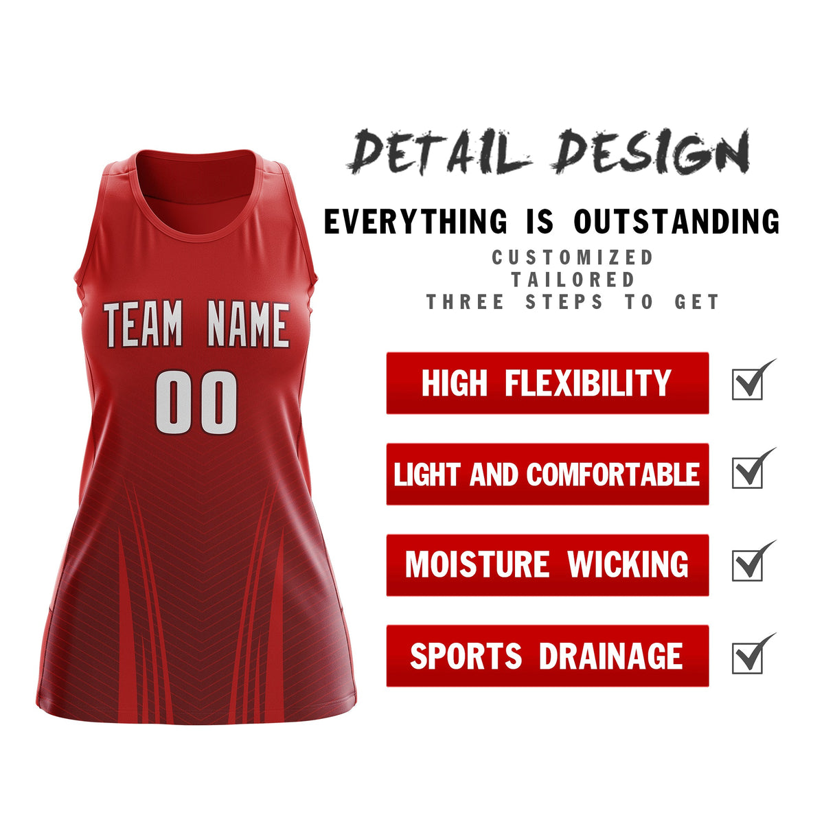 Custom Women Netball Dress | Red Crimson V-Shaped Pinstripes Uniform with Name &amp; Number