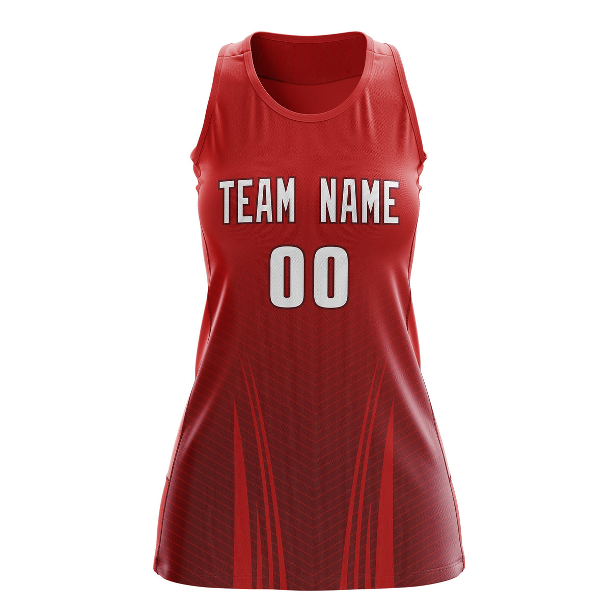 Custom Women Netball Dress | Red Crimson V-Shaped Pinstripes Uniform with Name &amp; Number