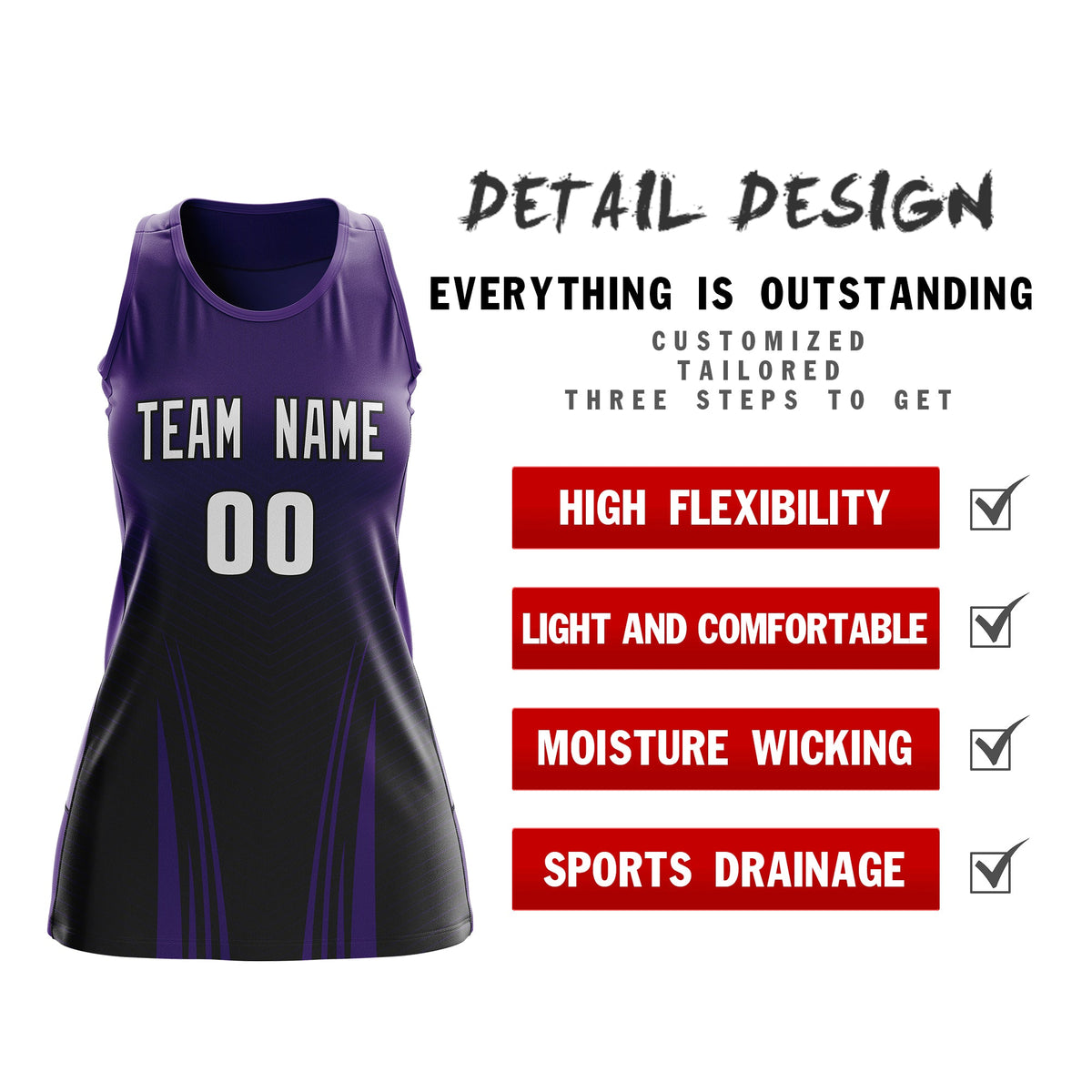 Custom Netball Dress | Purple Black V-Shaped Pinstripes Gradient Team Uniform