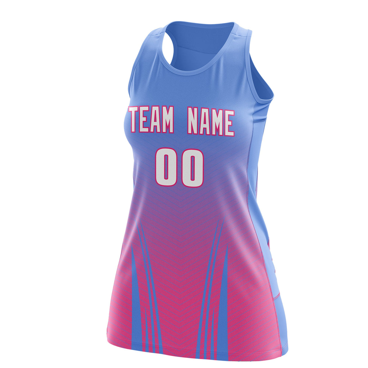 Custom Women Netball Dress | Light Blue Pink V-Shaped Pinstripes Uniform with Name &amp; Number