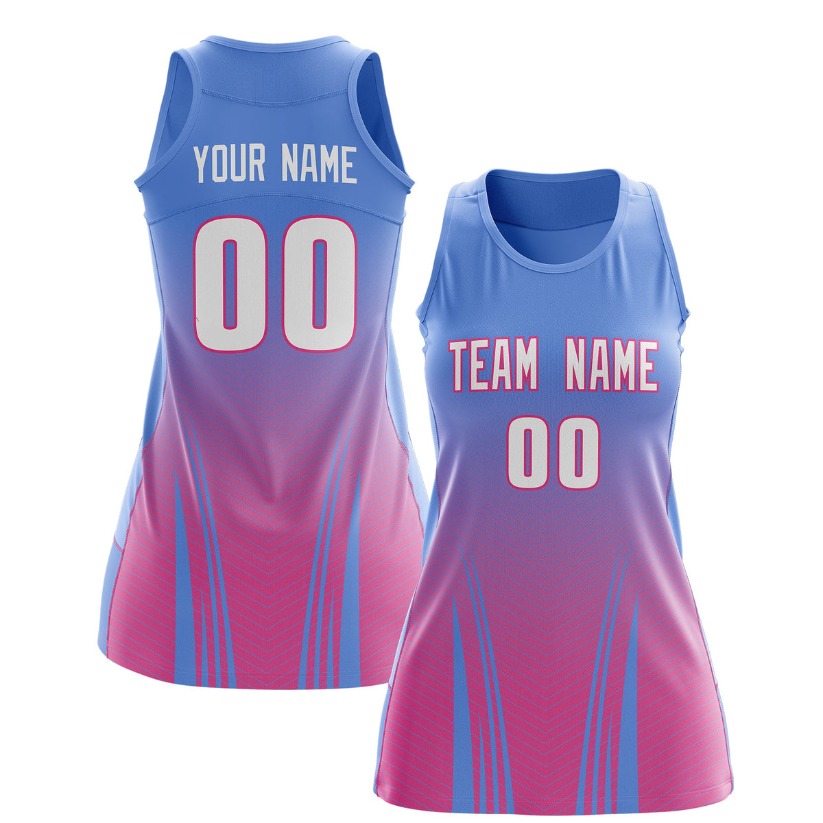 Custom Women Netball Dress | Light Blue Pink V-Shaped Pinstripes Uniform with Name &amp; Number