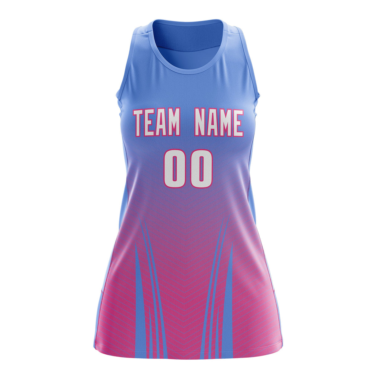 Custom Women Netball Dress | Light Blue Pink V-Shaped Pinstripes Uniform with Name &amp; Number