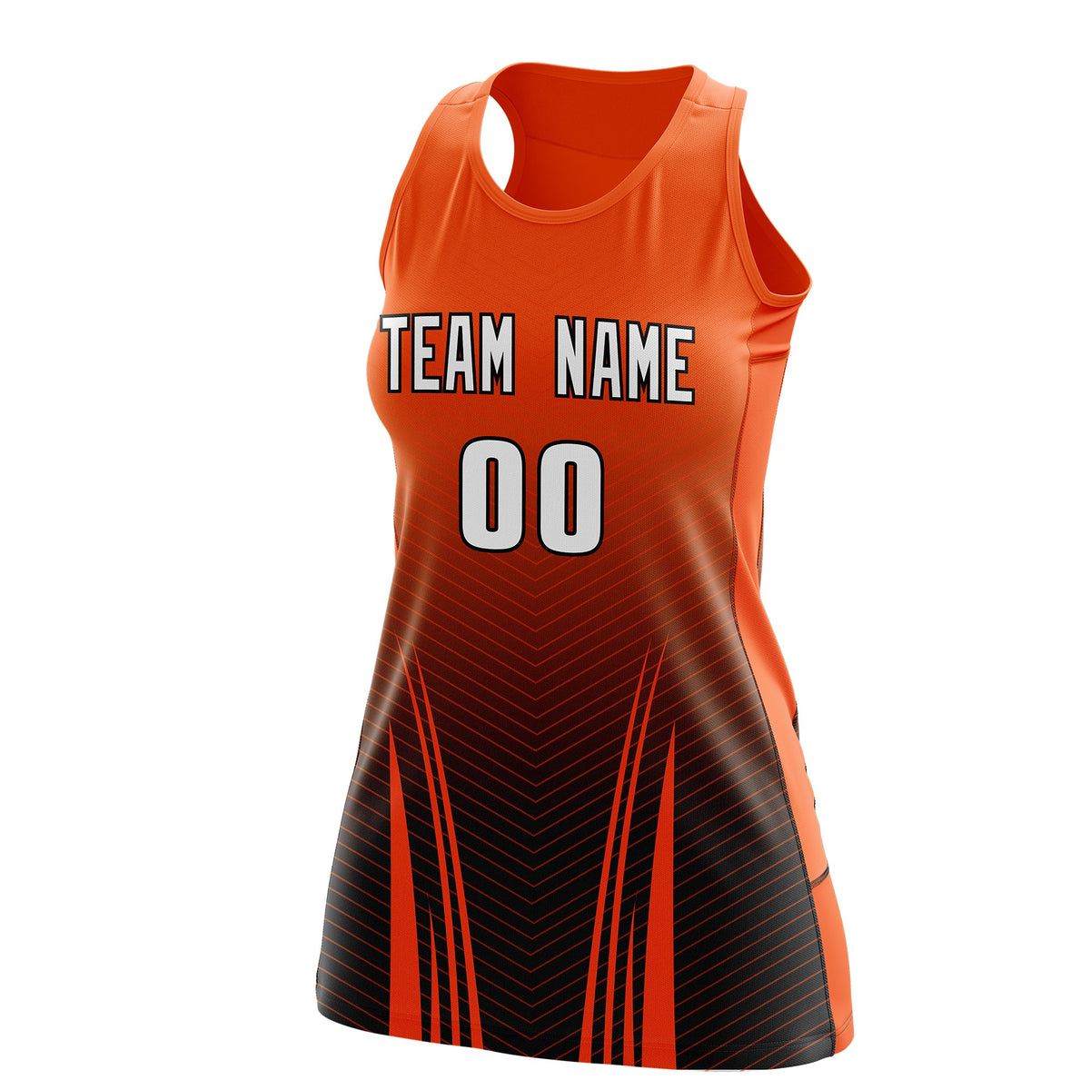 Custom Netball Dress Orange Black for Women with V-Shaped Pinstripes Personalized Team Uniform