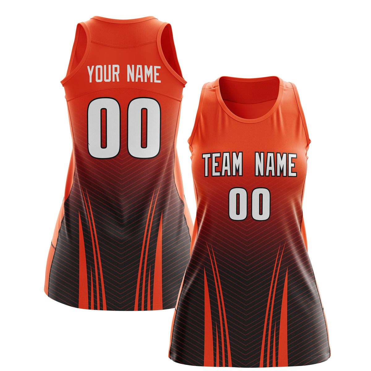 Custom Netball Dress Orange Black for Women with V-Shaped Pinstripes Personalized Team Uniform