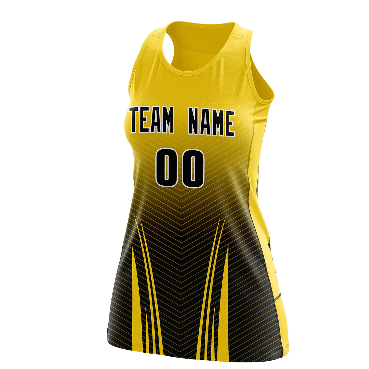 Custom Netball Dress Gold Black for Women with V-Shaped Pinstripes Personalized Team Uniform