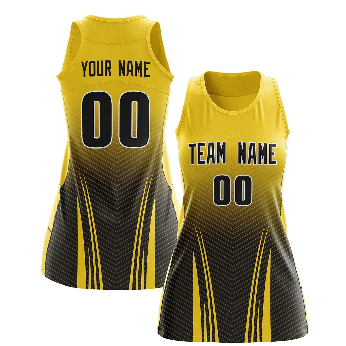 Custom Netball Dress Gold Black for Women with V-Shaped Pinstripes Personalized Team Uniform