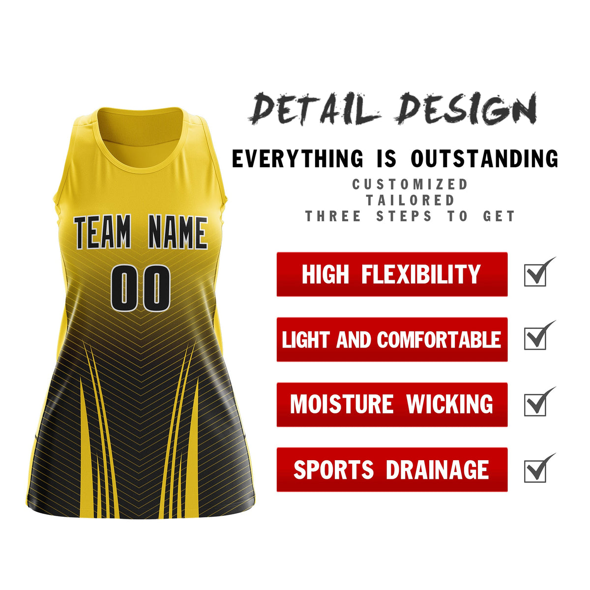 Custom Netball Dress Gold Black for Women with V-Shaped Pinstripes Personalized Team Uniform