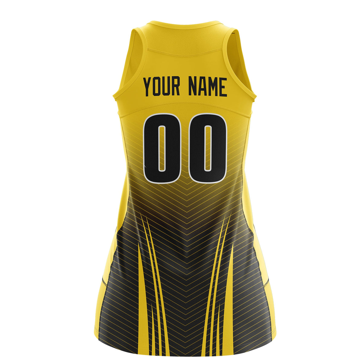 Custom Netball Dress Gold Black for Women with V-Shaped Pinstripes Personalized Team Uniform