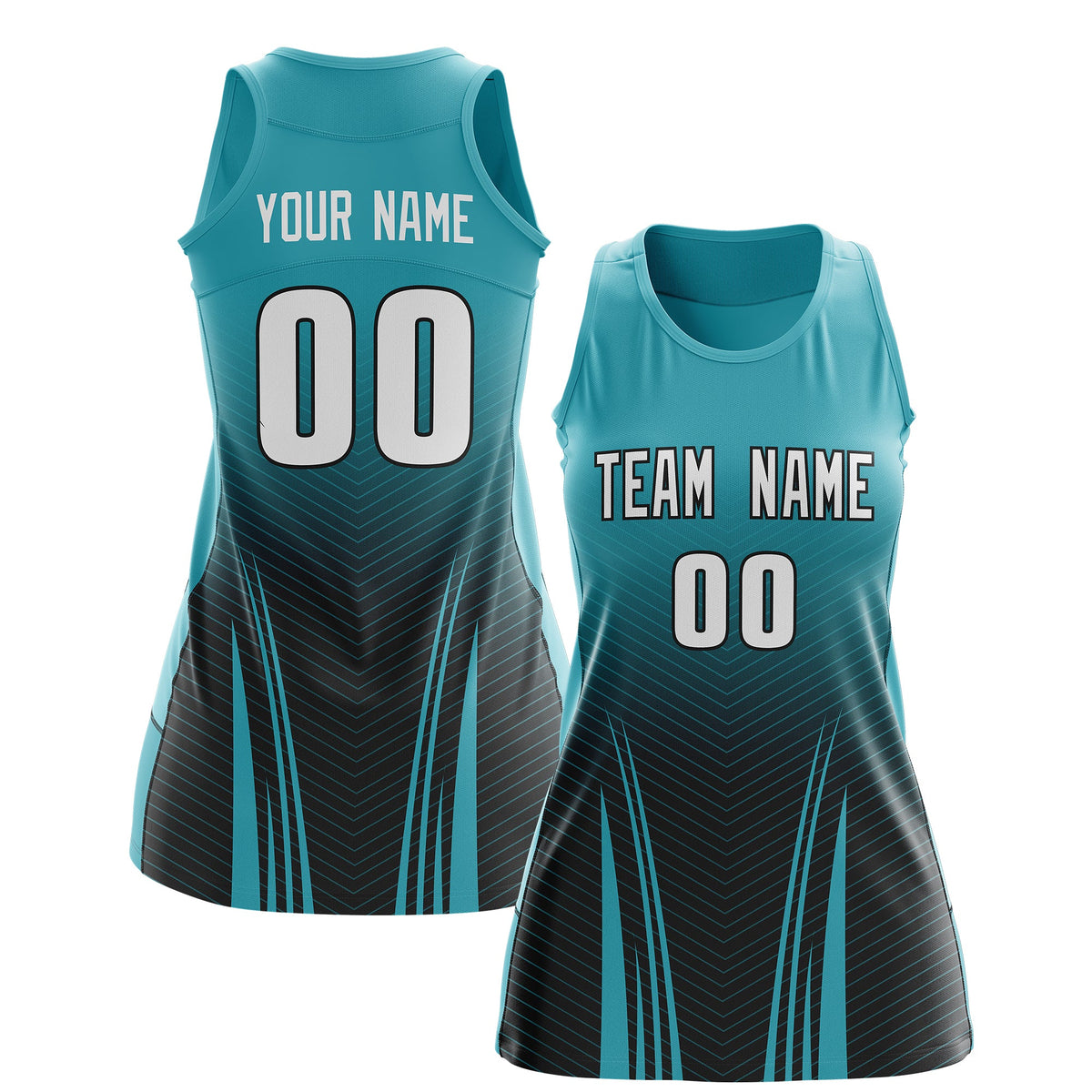Custom Women Netball Dress | Aqua Black V-Shaped Pinstripes Uniform with Name &amp; Number