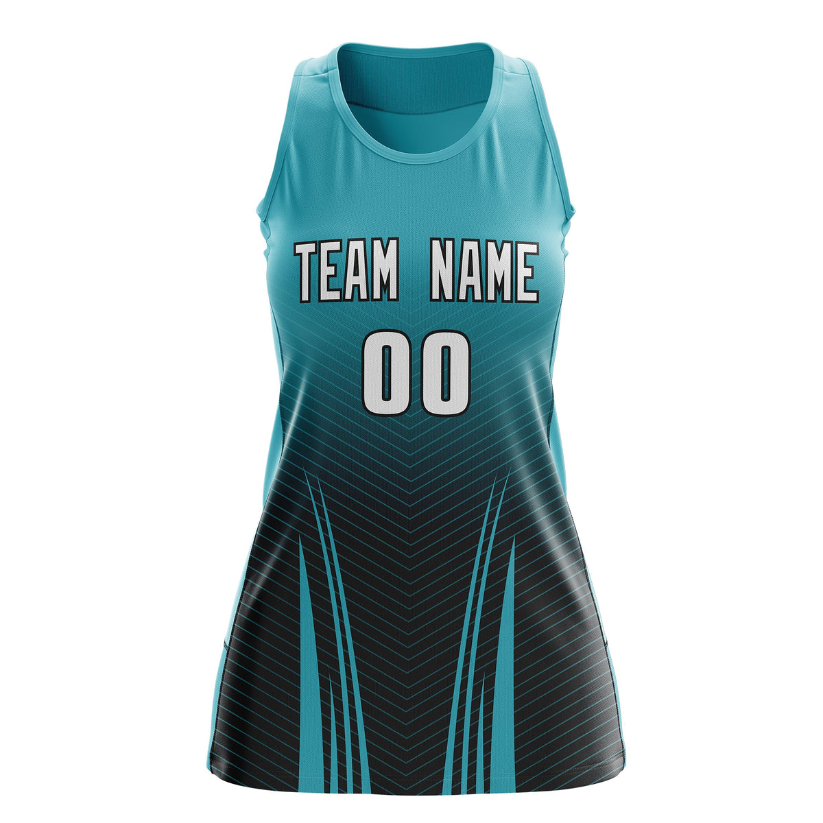 Custom Women Netball Dress | Aqua Black V-Shaped Pinstripes Uniform with Name &amp; Number