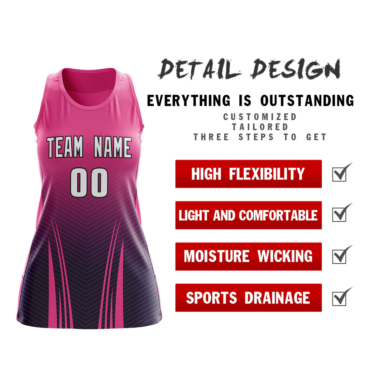 Custom Netball Dress | Rose Red Navy V-Shaped Pinstripes Gradient Team Uniform
