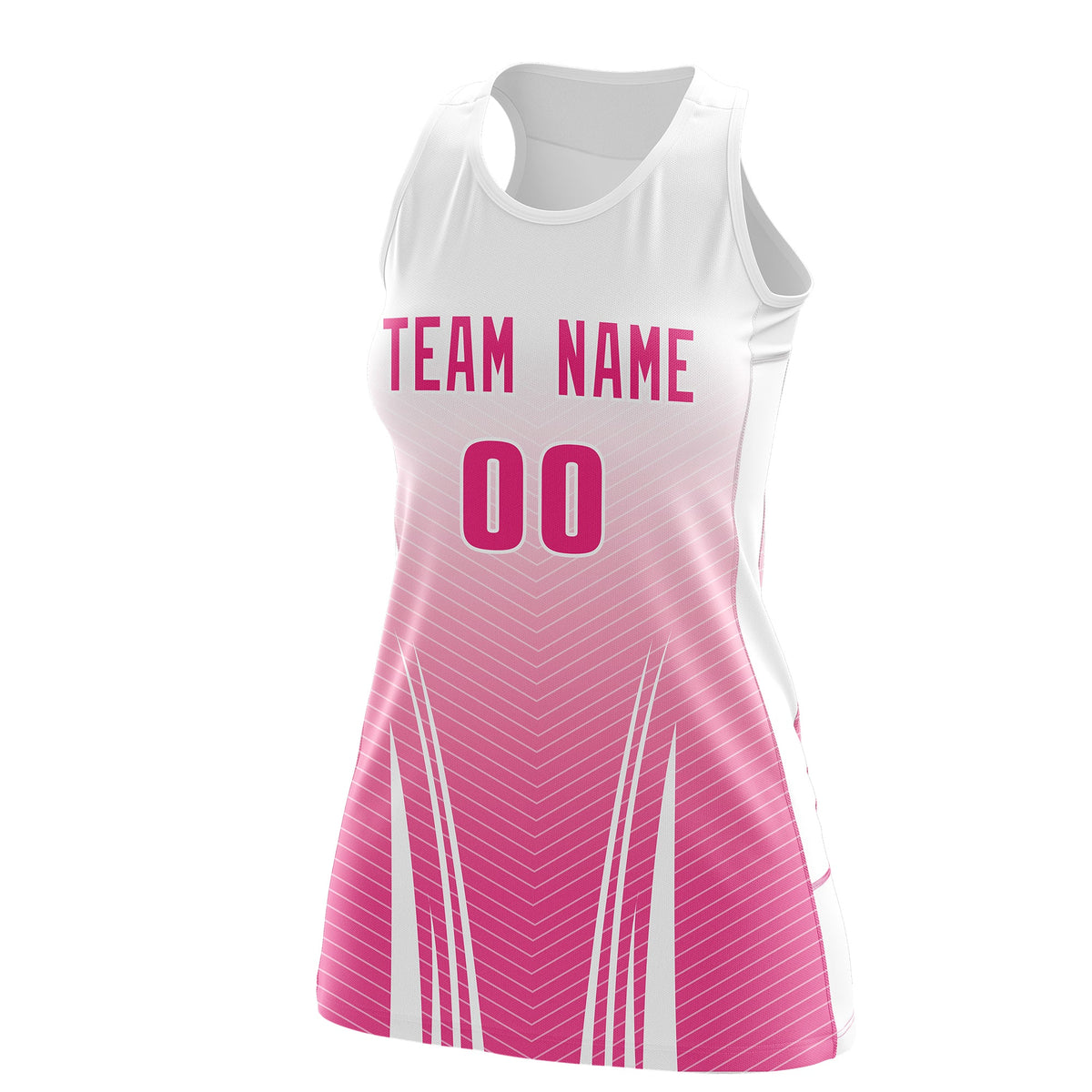 Custom Women Netball Dress | White Pink V-Shaped Pinstripes Uniform with Name &amp; Number