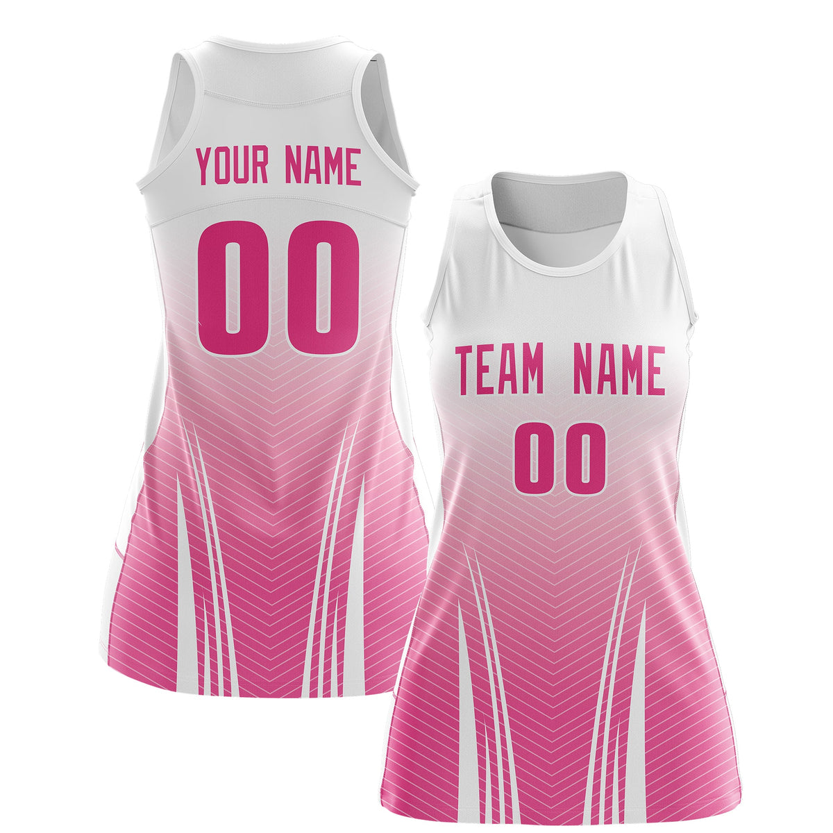 Custom Women Netball Dress | White Pink V-Shaped Pinstripes Uniform with Name &amp; Number