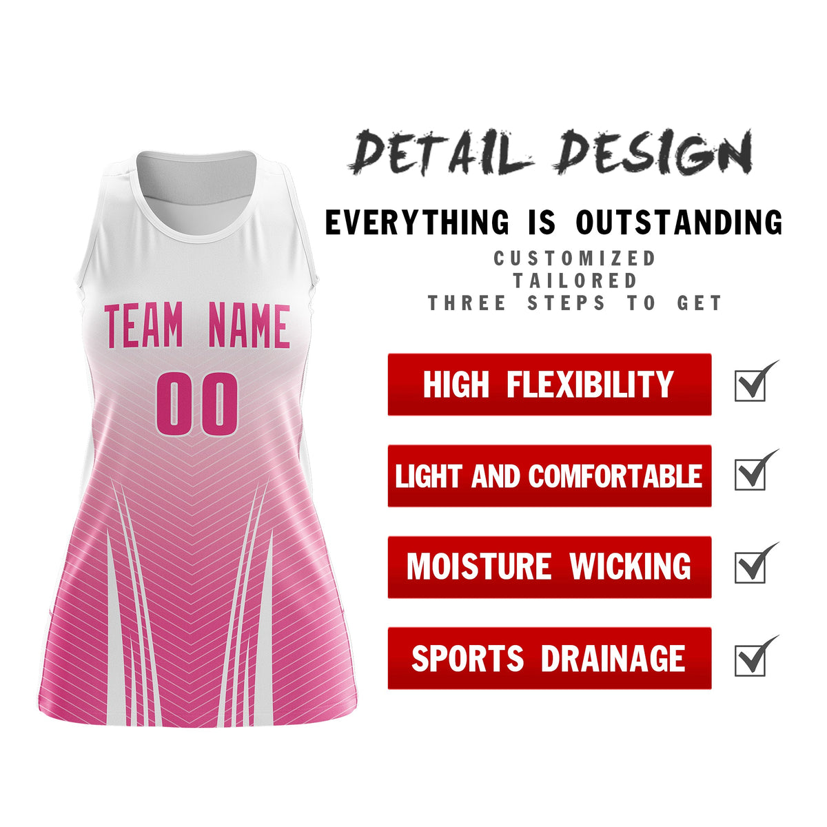 Custom Women Netball Dress | White Pink V-Shaped Pinstripes Uniform with Name &amp; Number