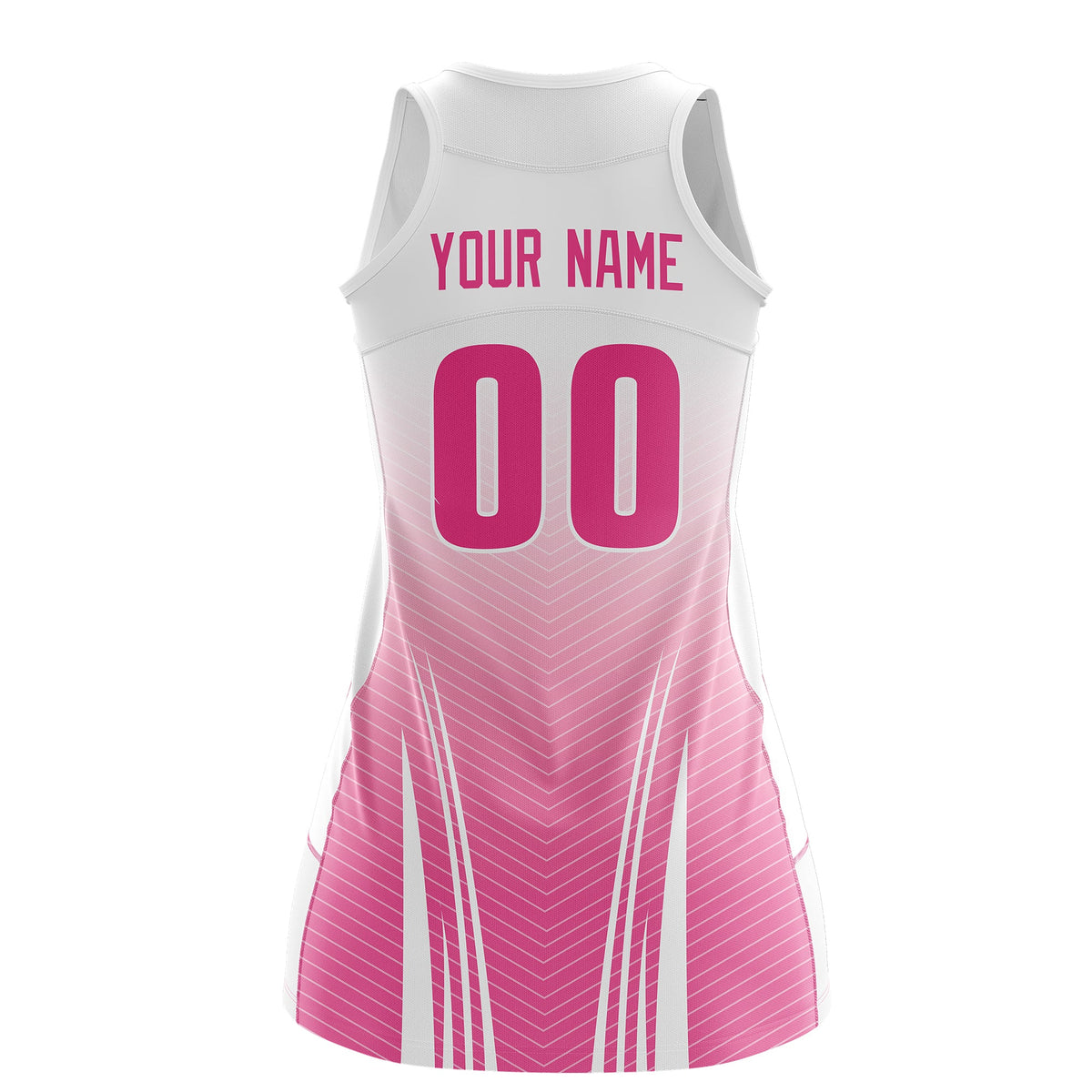 Custom Women Netball Dress | White Pink V-Shaped Pinstripes Uniform with Name &amp; Number