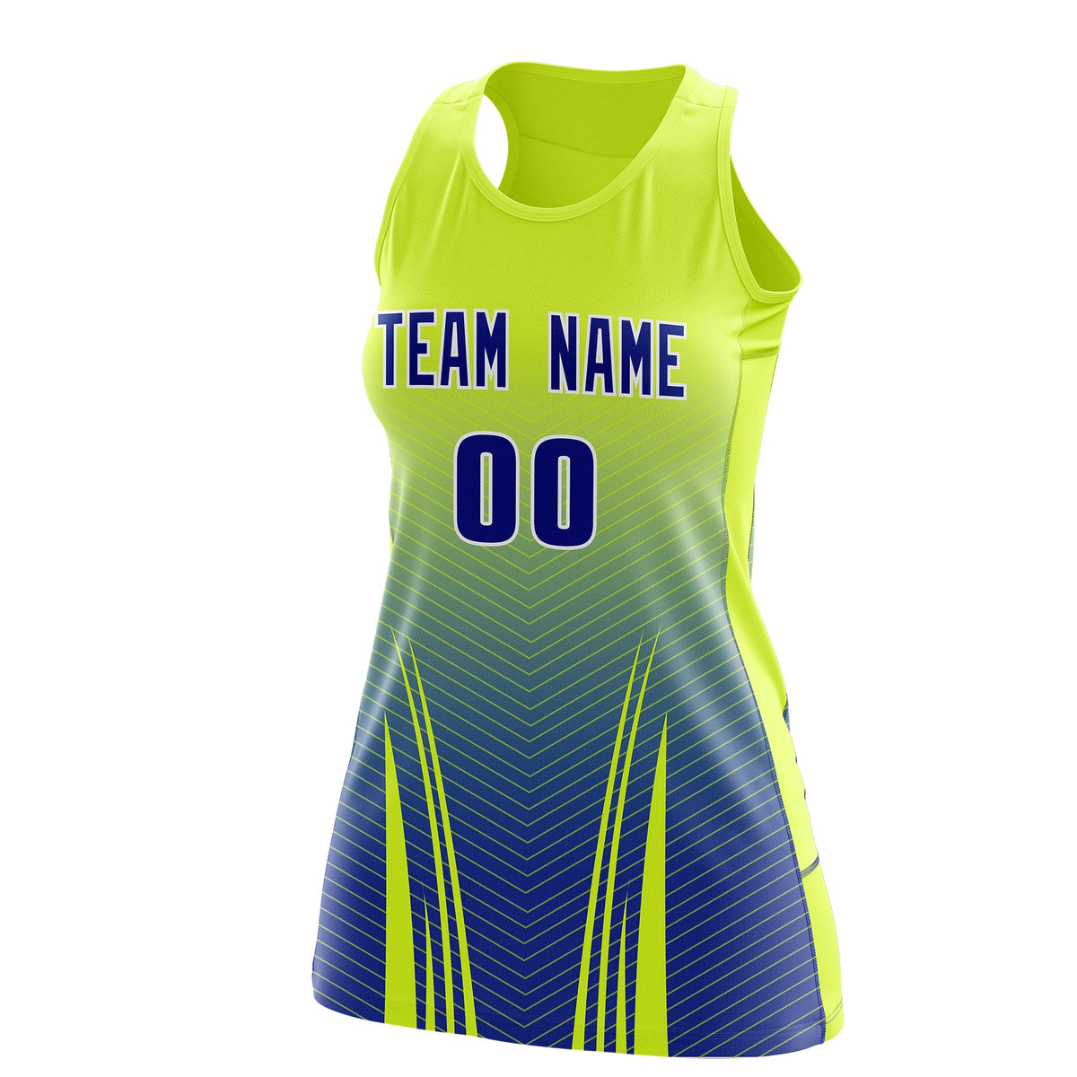 Custom Women Netball Dress | Fluorescent Green Royal Blue V-Shaped Pinstripes Uniform with Name &amp; Number