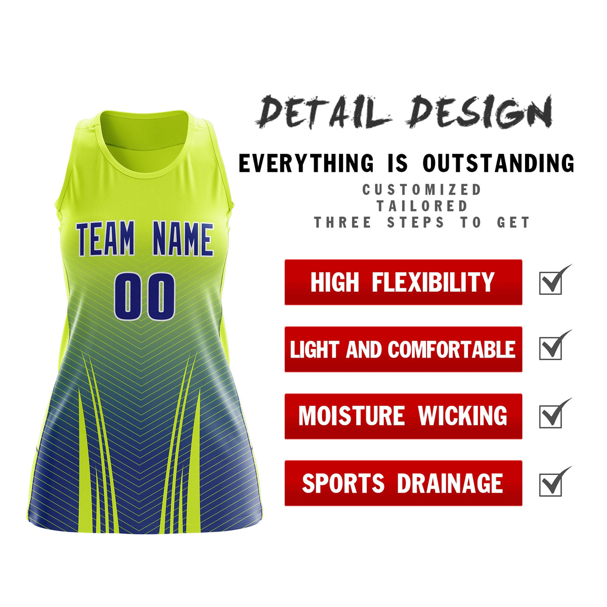 Custom Women Netball Dress | Fluorescent Green Royal Blue V-Shaped Pinstripes Uniform with Name &amp; Number
