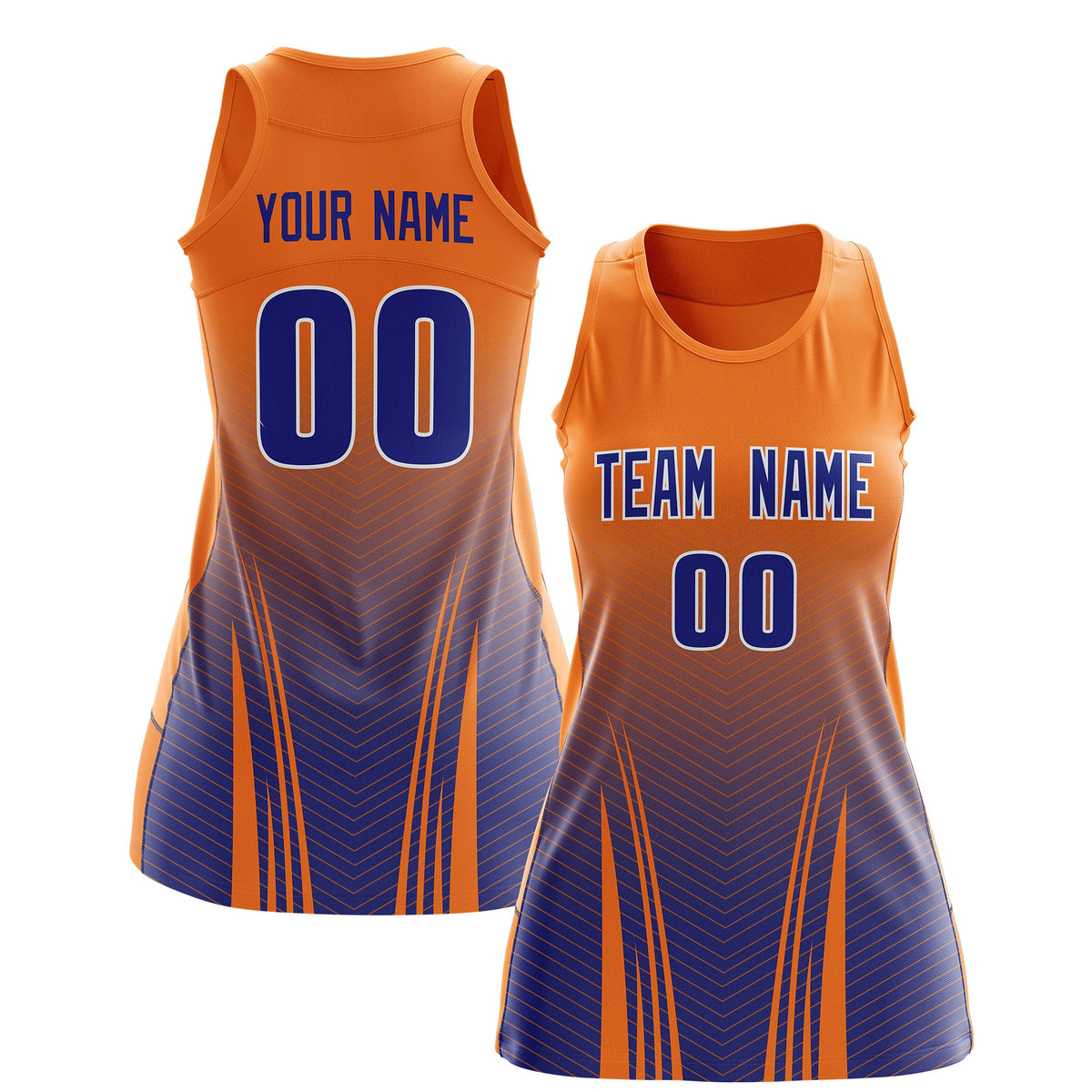 Custom Netball Dress | Orange Royal Blue V-Shaped Pinstripes Gradient Team Uniform