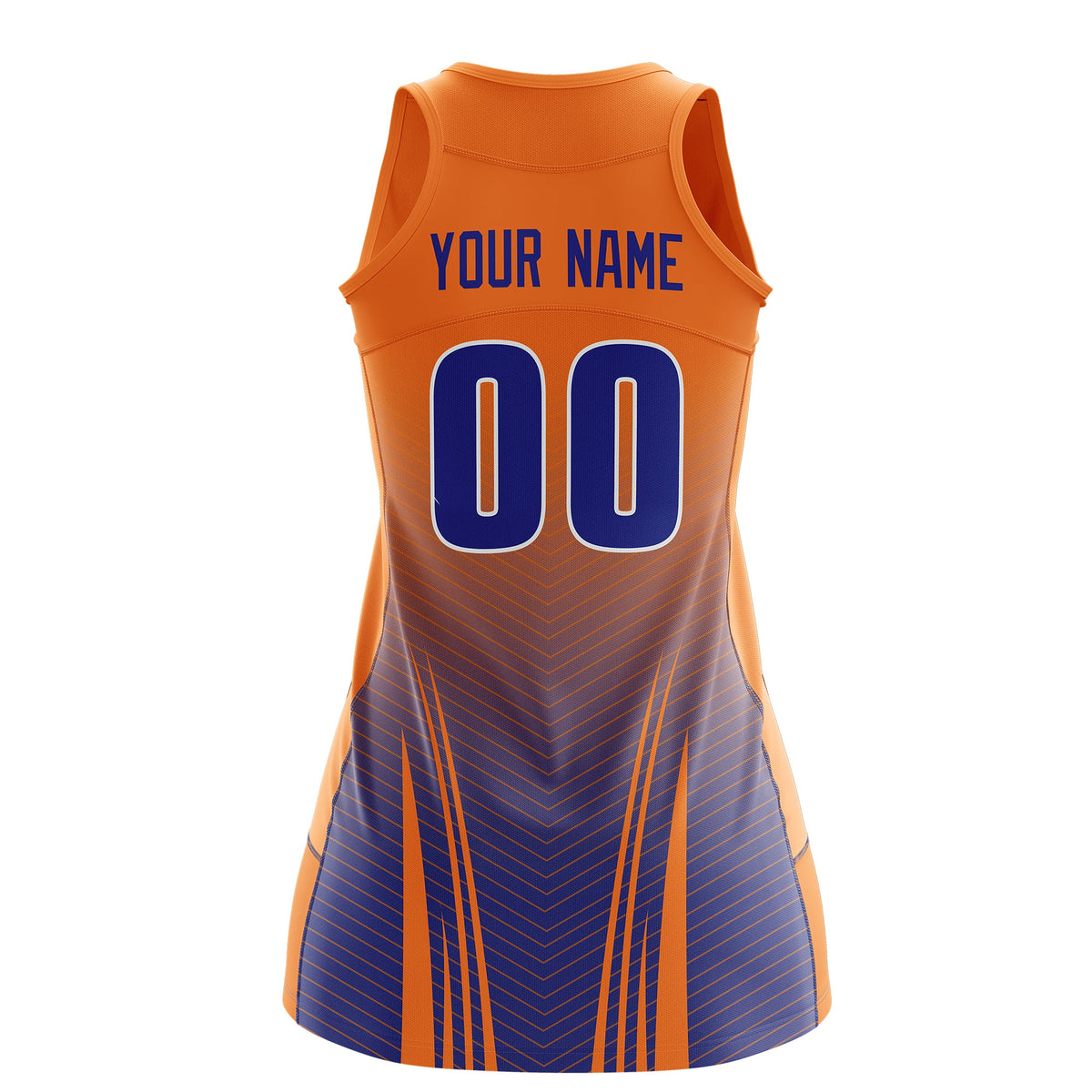 Custom Netball Dress | Orange Royal Blue V-Shaped Pinstripes Gradient Team Uniform