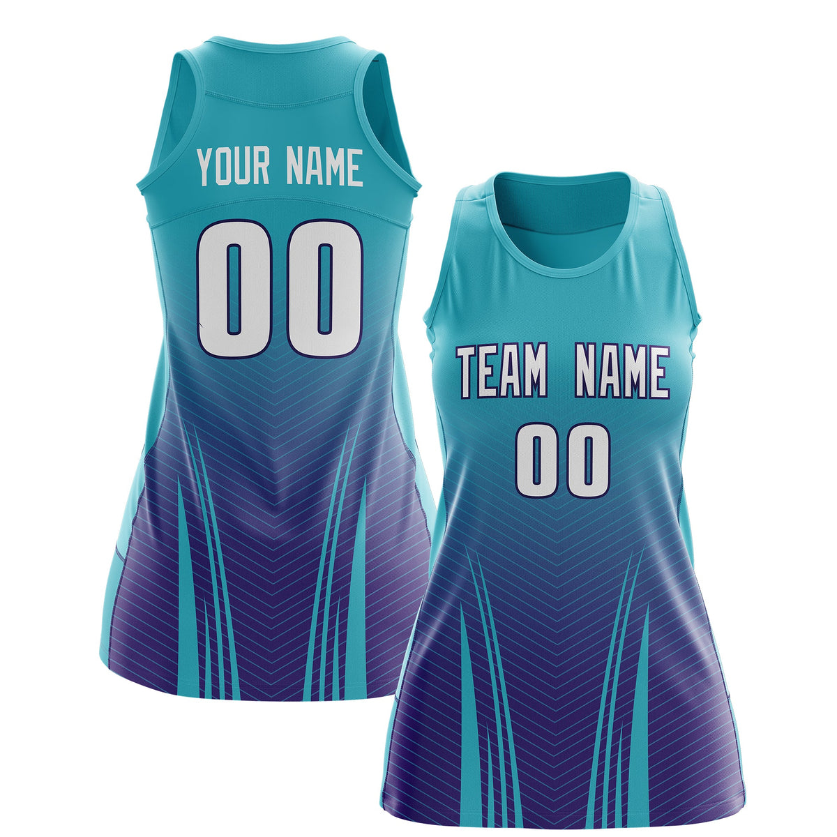 Custom Women Netball Dress | Aqua Purple V-Shaped Pinstripes Uniform with Name &amp; Number