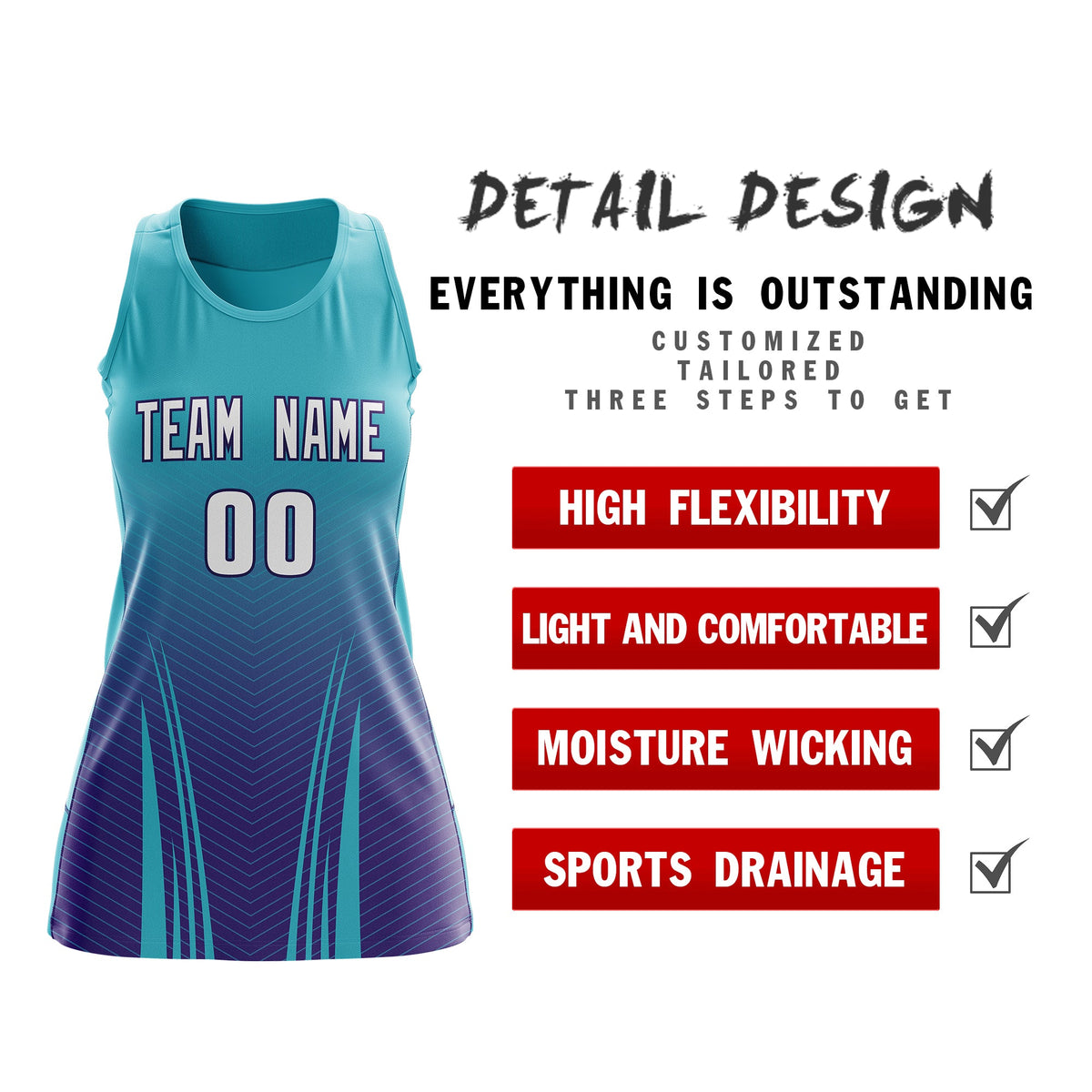 Custom Women Netball Dress | Aqua Purple V-Shaped Pinstripes Uniform with Name &amp; Number
