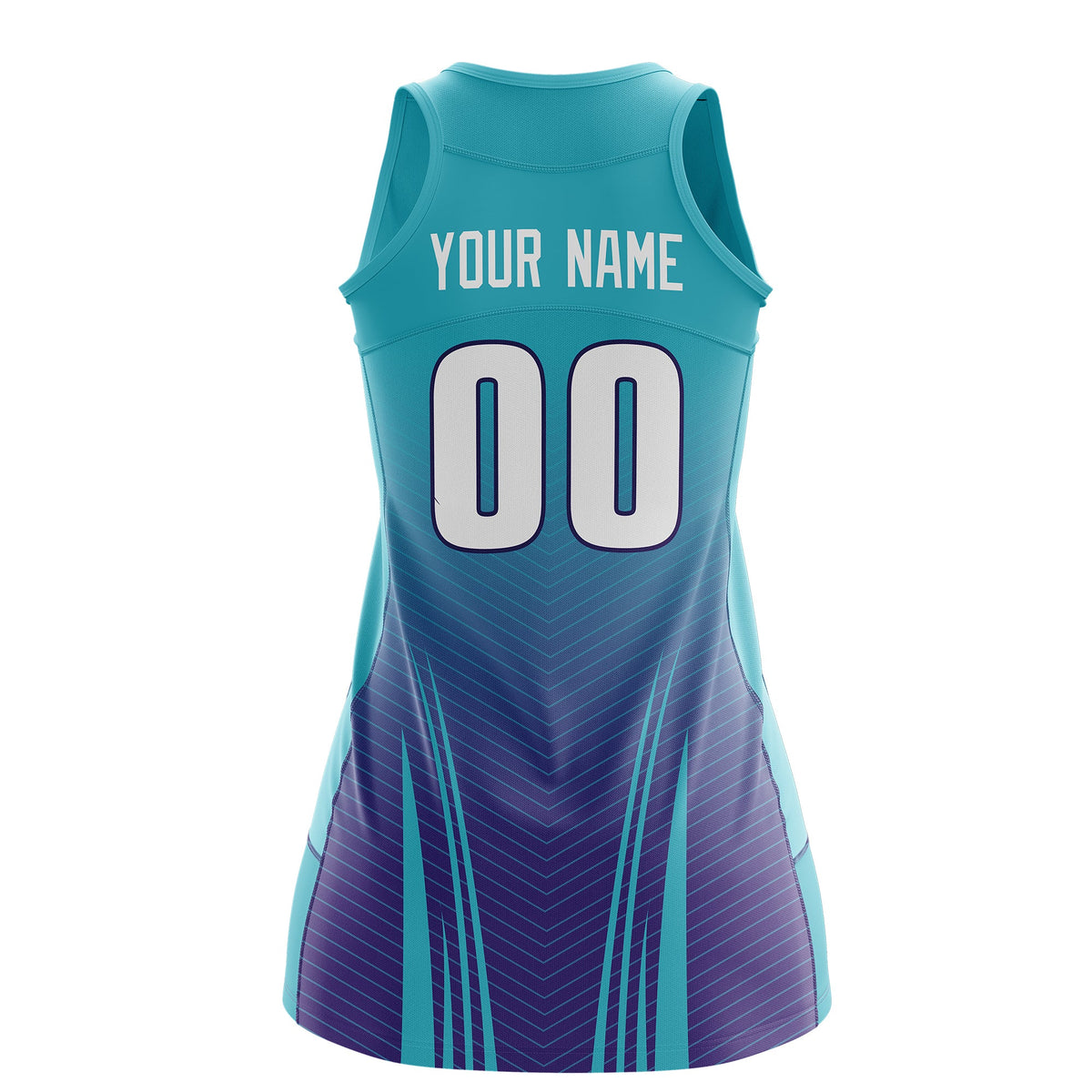 Custom Women Netball Dress | Aqua Purple V-Shaped Pinstripes Uniform with Name &amp; Number