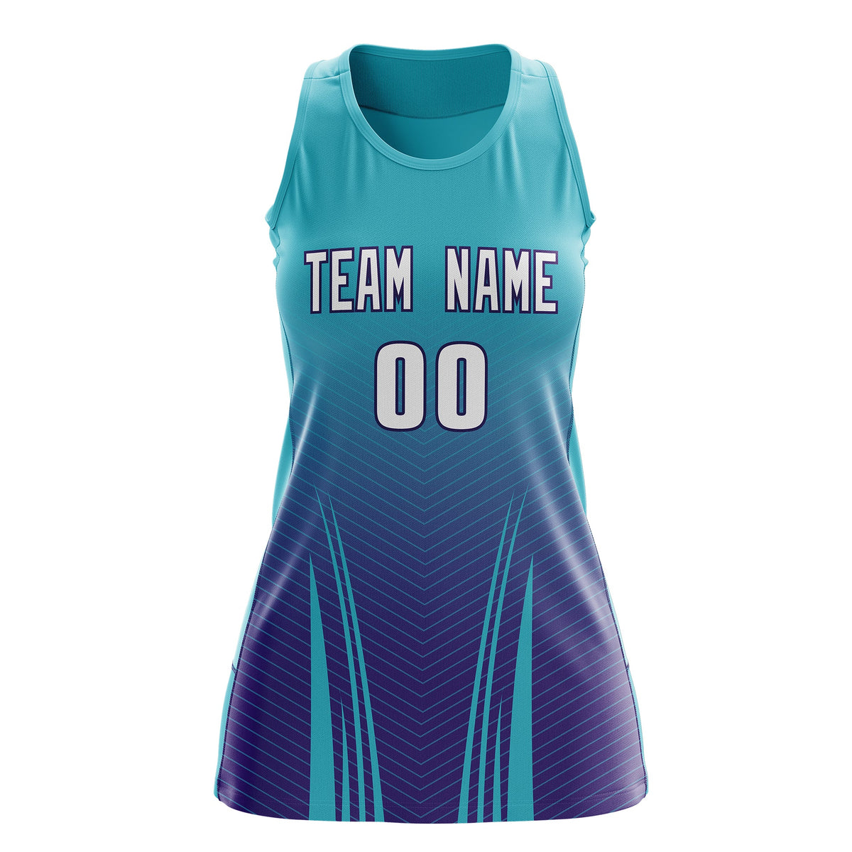 Custom Women Netball Dress | Aqua Purple V-Shaped Pinstripes Uniform with Name &amp; Number