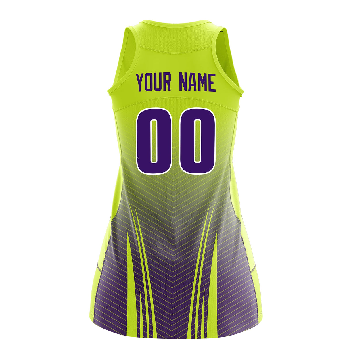 Custom Netball Dress | Fluorescent Green Purple V-Shaped Pinstripes Gradient Team Uniform