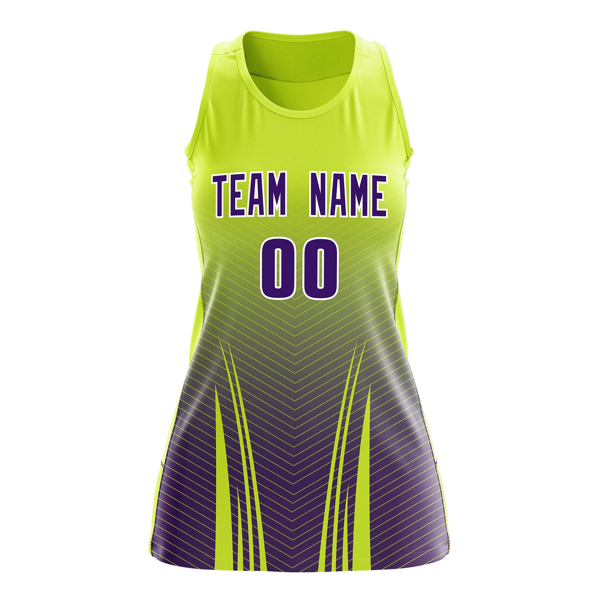 Custom Netball Dress | Fluorescent Green Purple V-Shaped Pinstripes Gradient Team Uniform
