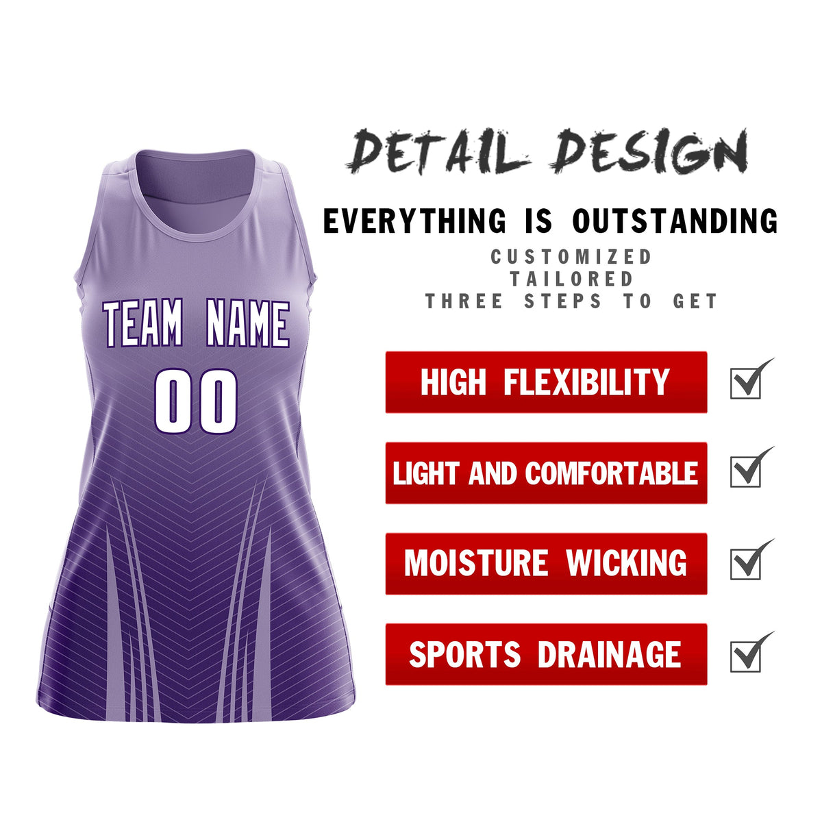 Custom Netball Dress Light Purple Purple for Women with V-Shaped Pinstripes Personalized Team Uniform