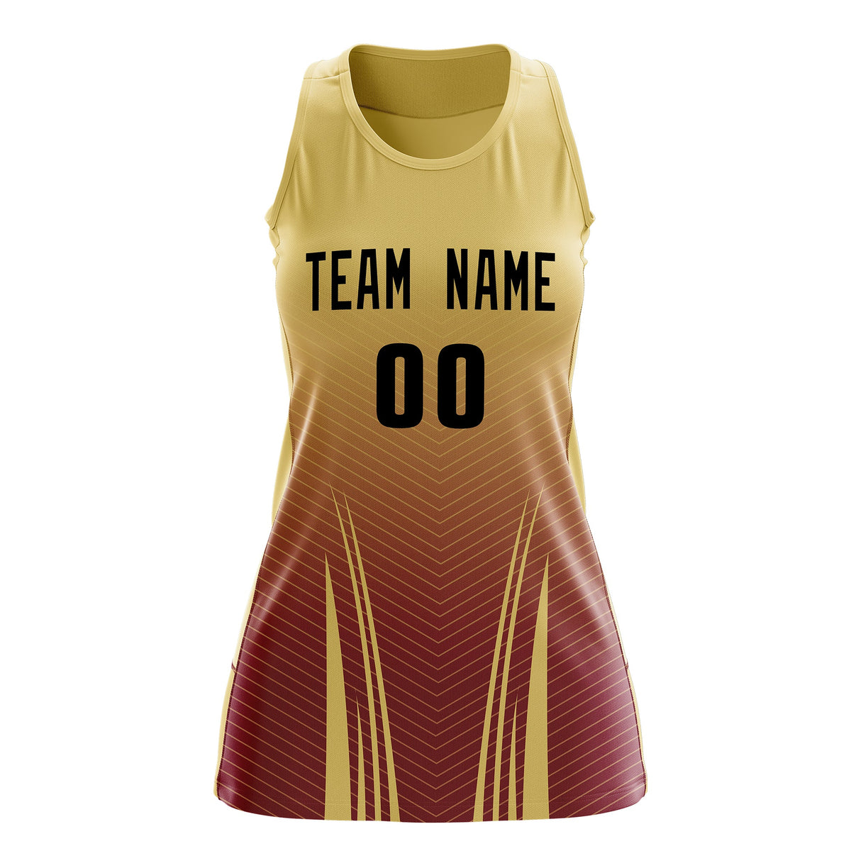 Custom Women Netball Dress | Khaki Crimson V-Shaped Pinstripes Uniform with Name &amp; Number