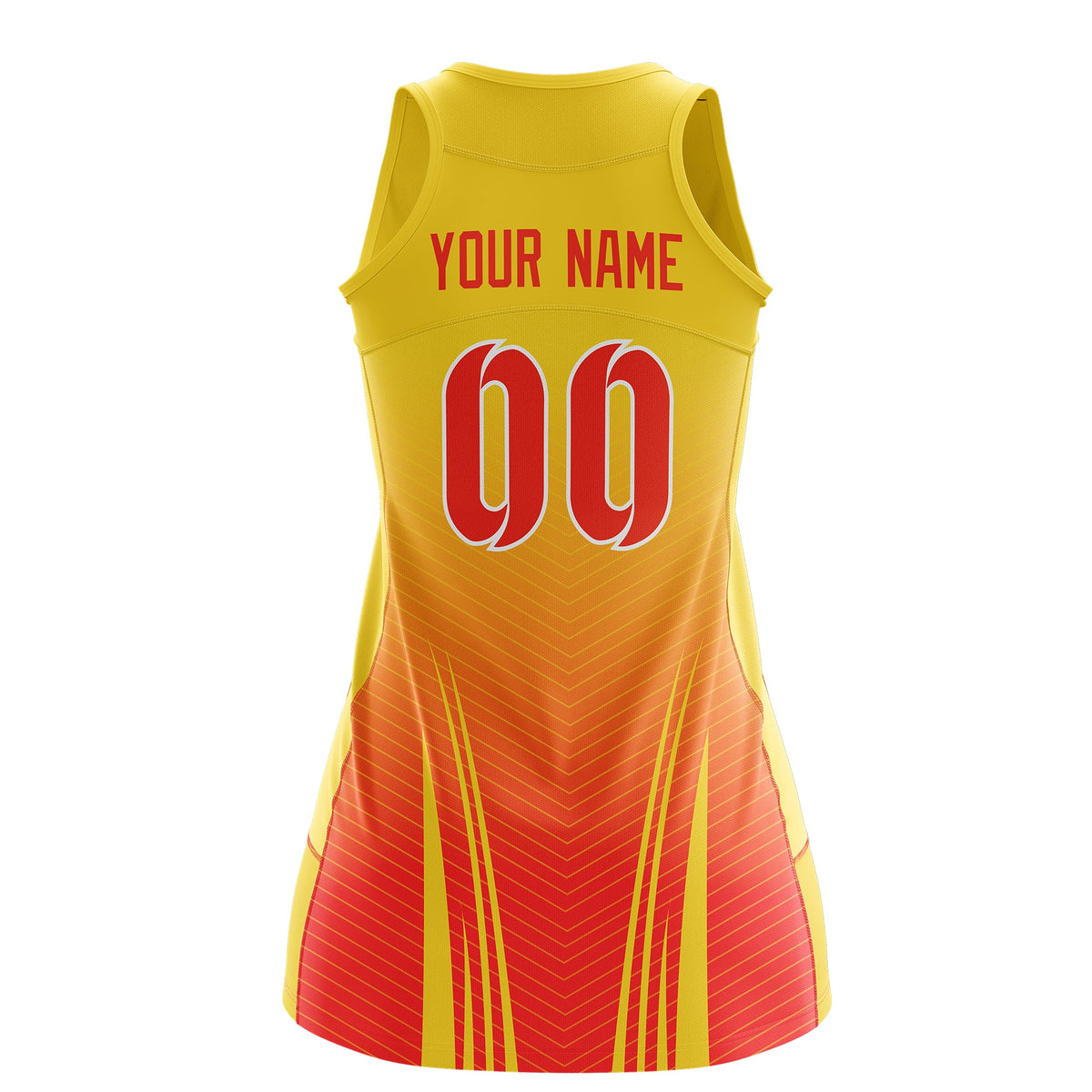 Custom Women Netball Dress | Gold Orange V-Shaped Pinstripes Uniform with Name &amp; Number