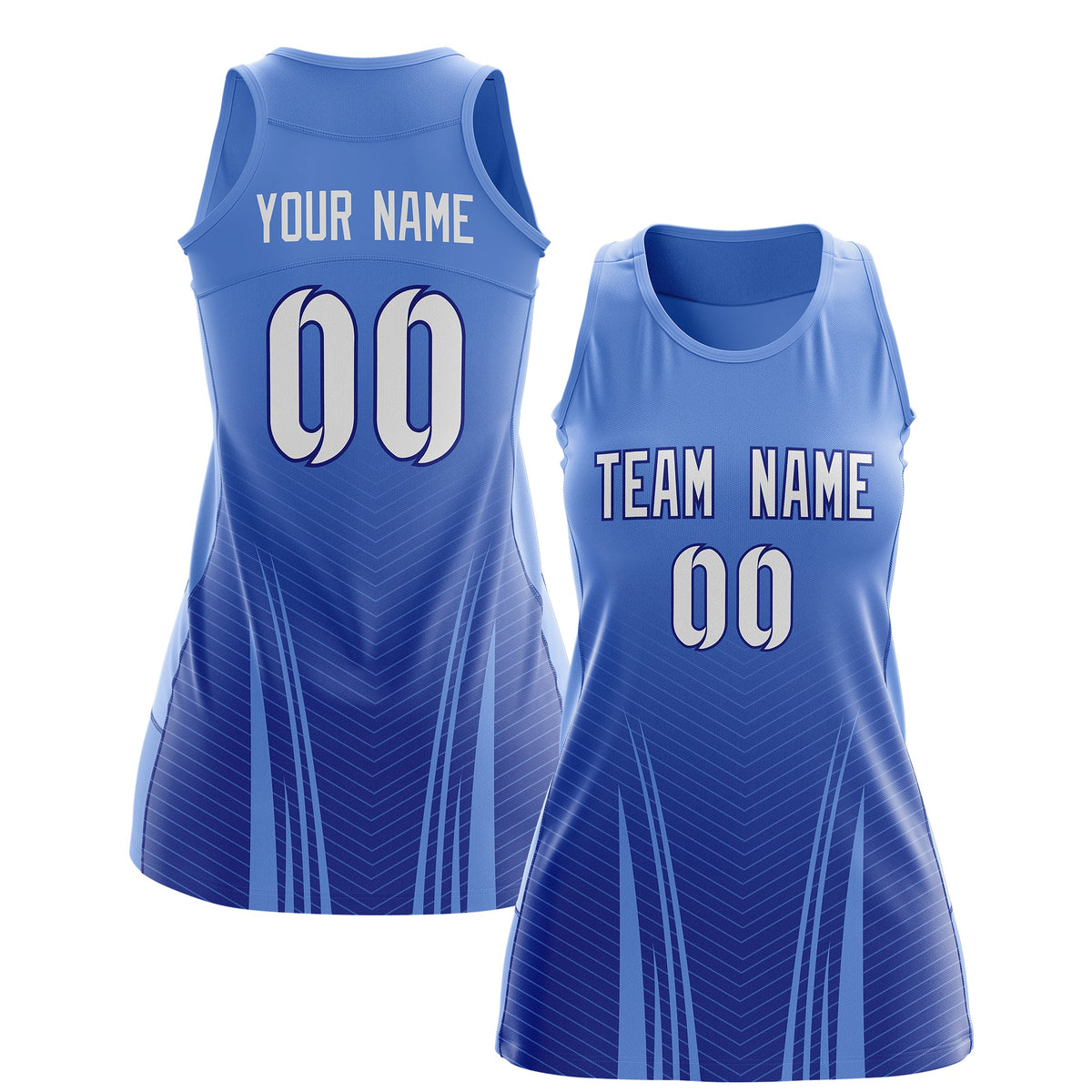 Custom Netball Dress | Light Blue Royal Blue V-Shaped Pinstripes Gradient Team Uniform