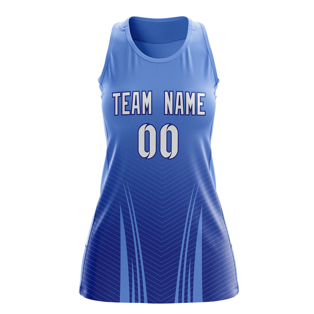 Custom Netball Dress | Light Blue Royal Blue V-Shaped Pinstripes Gradient Team Uniform