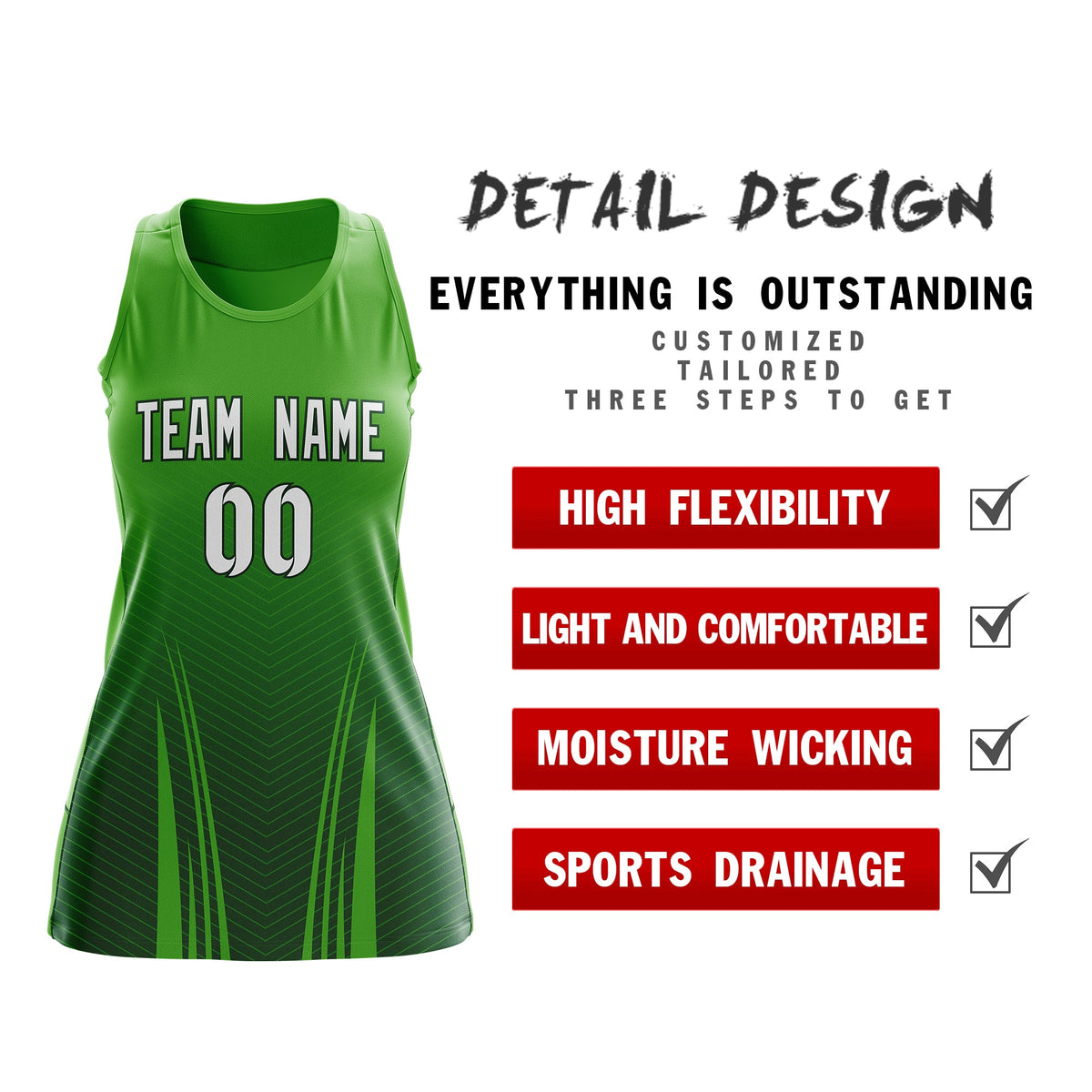 Custom Netball Dress Light Green Green for Women with V-Shaped Pinstripes Personalized Team Uniform