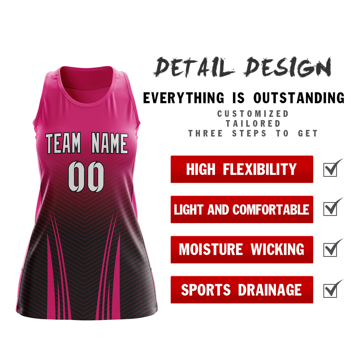 Custom Women Netball Dress | Rose Red Black V-Shaped Pinstripes Uniform with Name &amp; Number