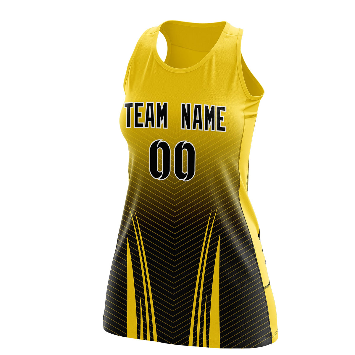 Custom Netball Dress Gold Black for Women with V-Shaped Pinstripes Personalized Team Uniform
