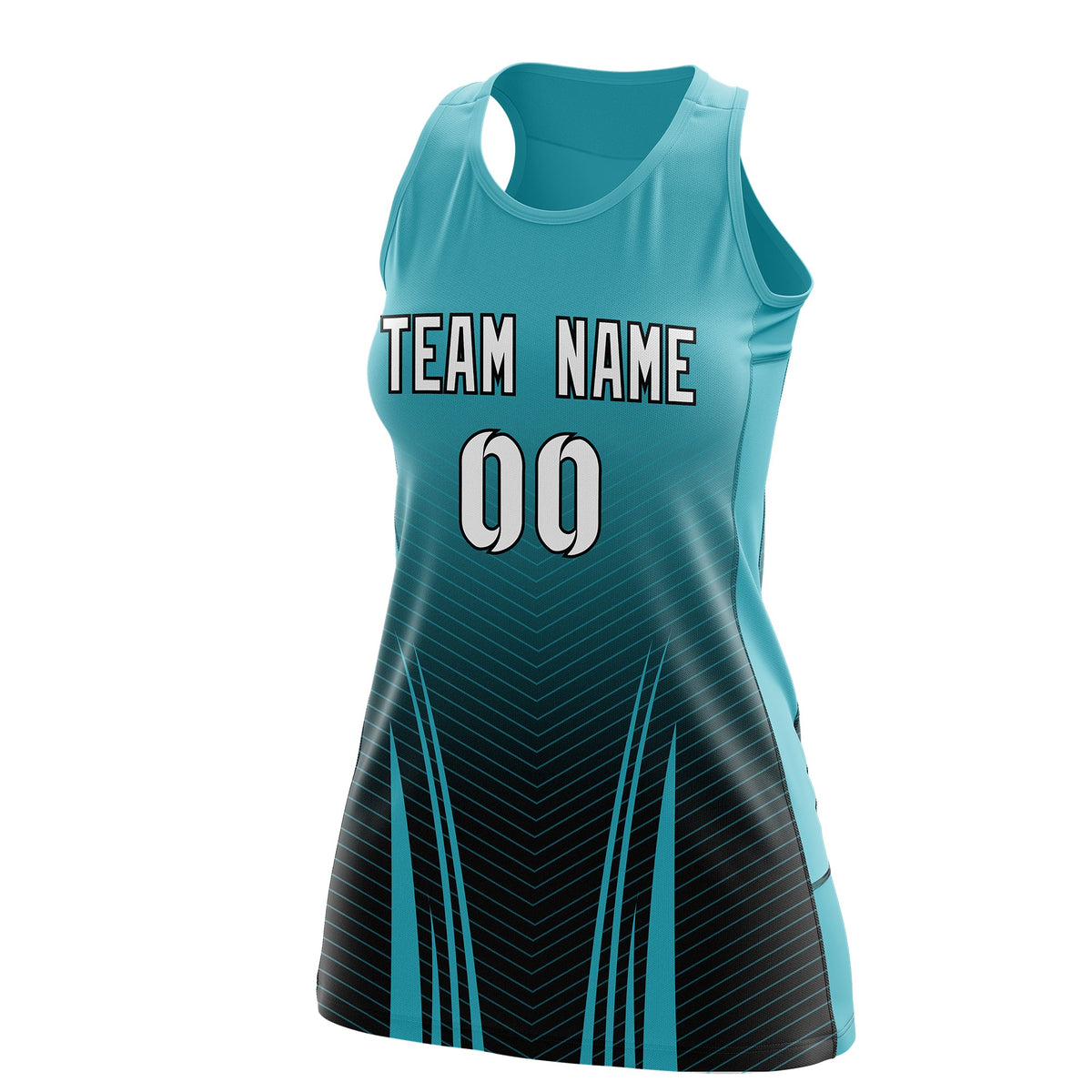 Custom Women Netball Dress | Aqua Black V-Shaped Pinstripes Uniform with Name &amp; Number