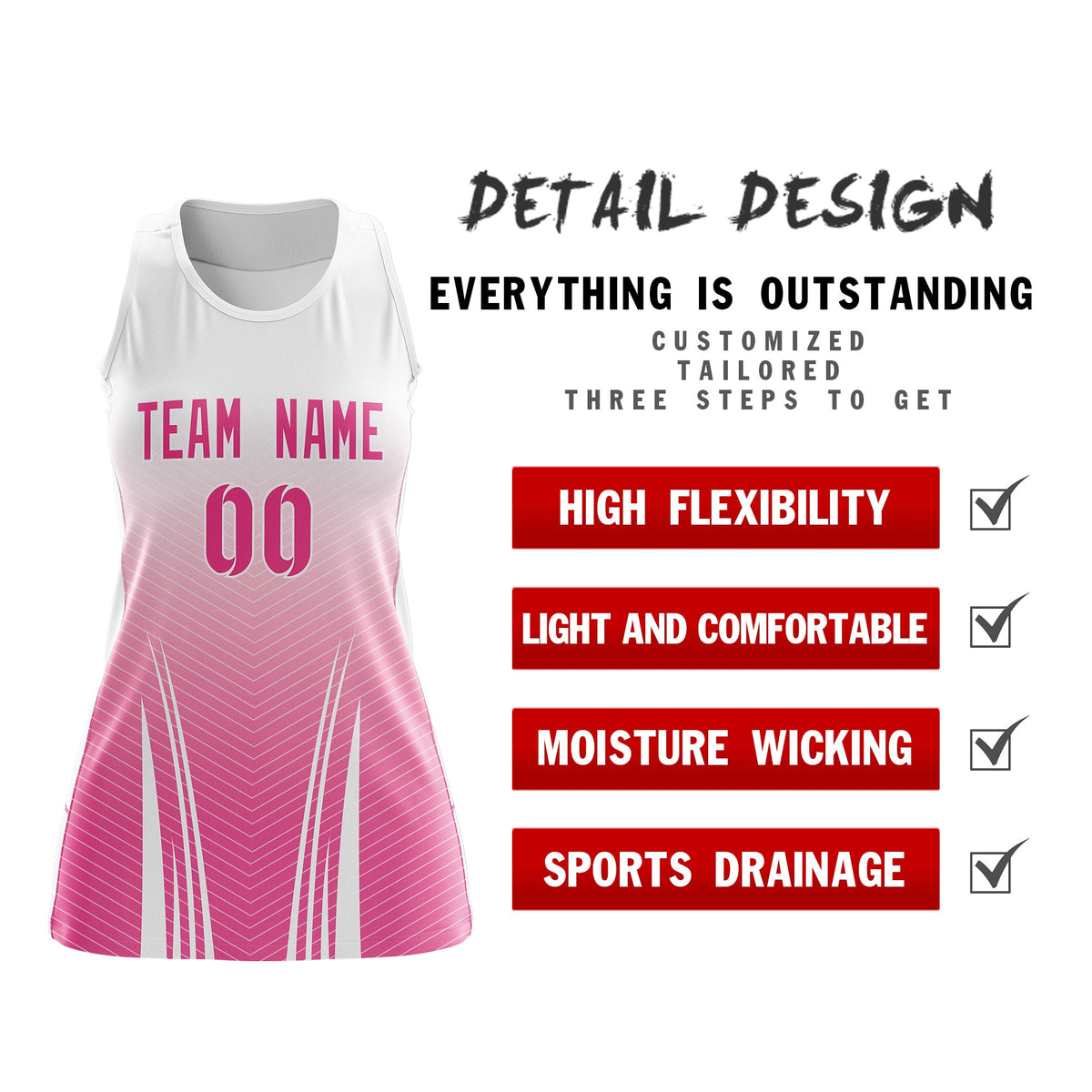 Custom Women Netball Dress | White Pink V-Shaped Pinstripes Uniform with Name &amp; Number